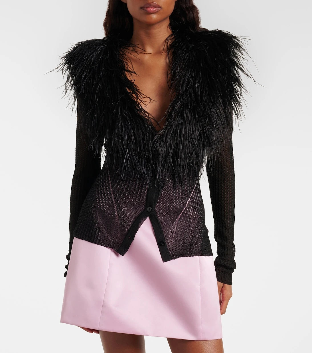 Blumarine - Feather-trimmed ribbed-knit cardigan