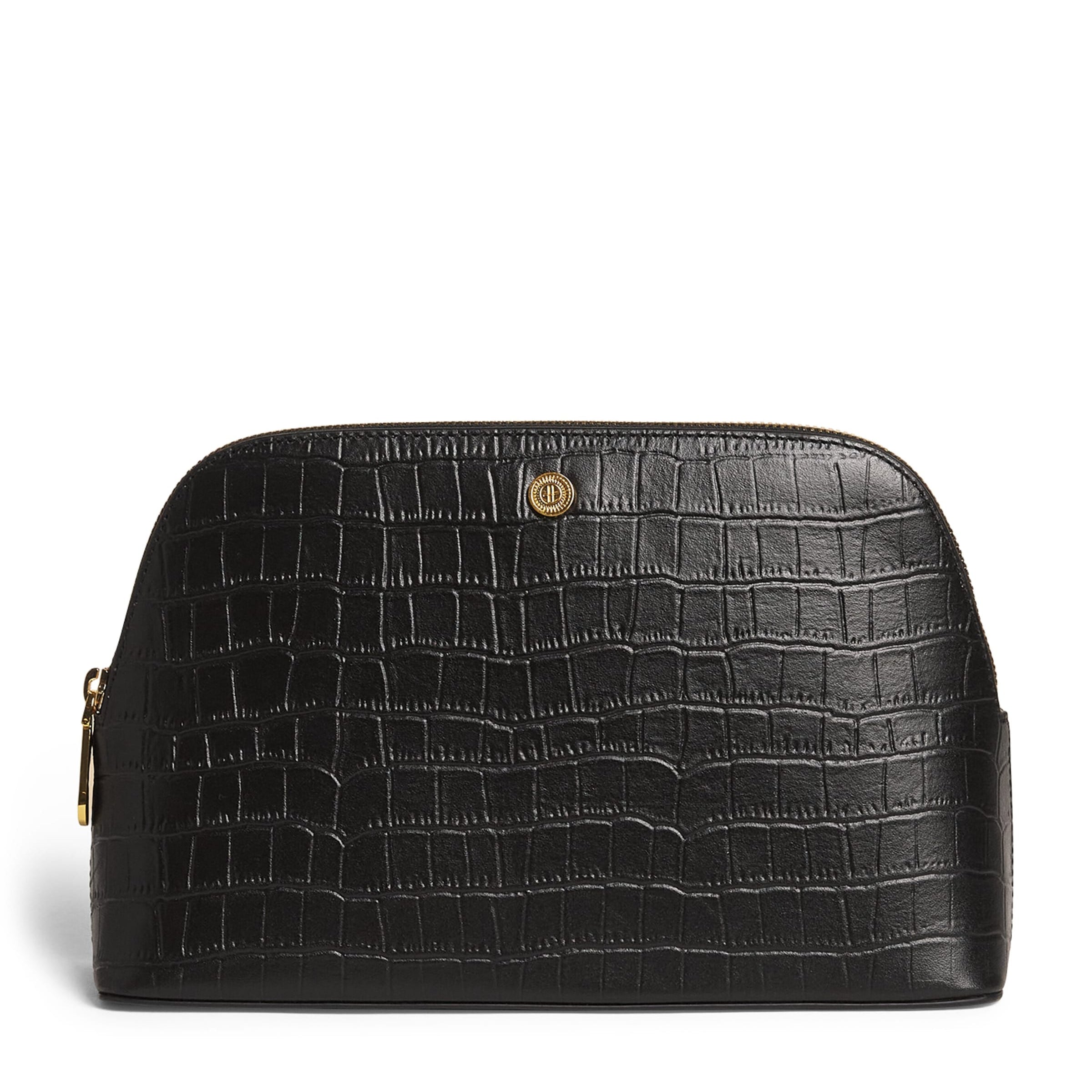 Large Croc-Embossed Leather Cosmetics Bag