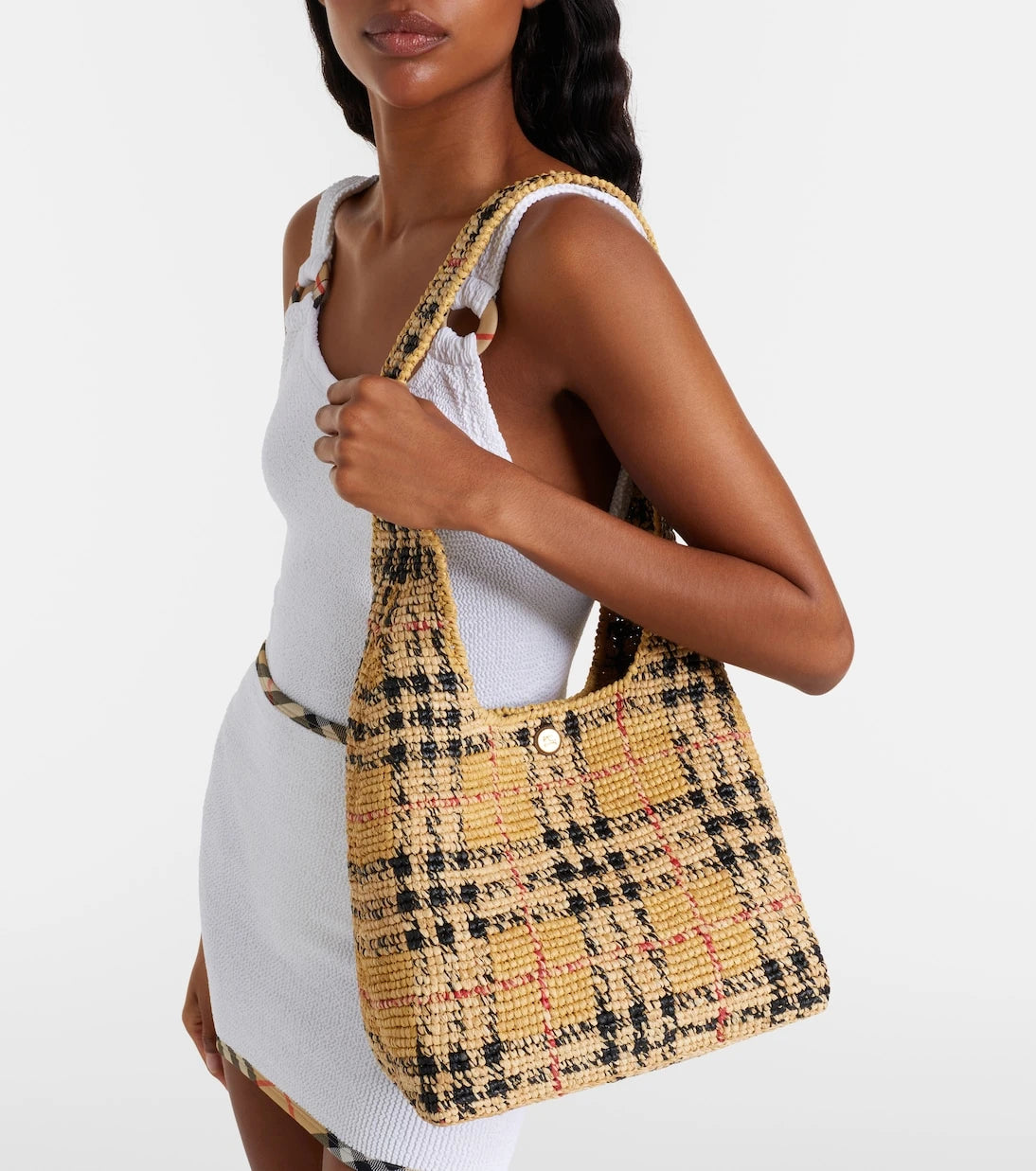 Burberry - Burberry Check Medium raffia tote bag
