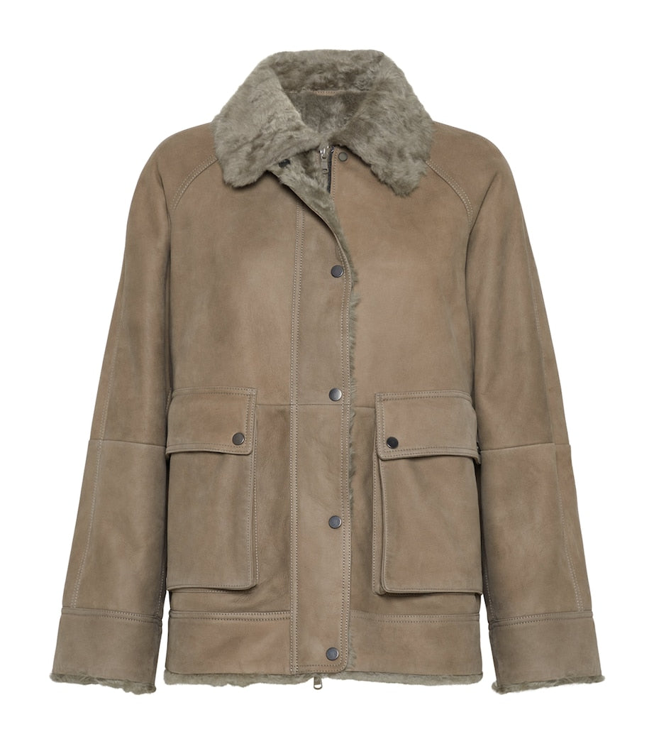 Brunello Cucinelli Beige Shearling-Lined Leather Jacket