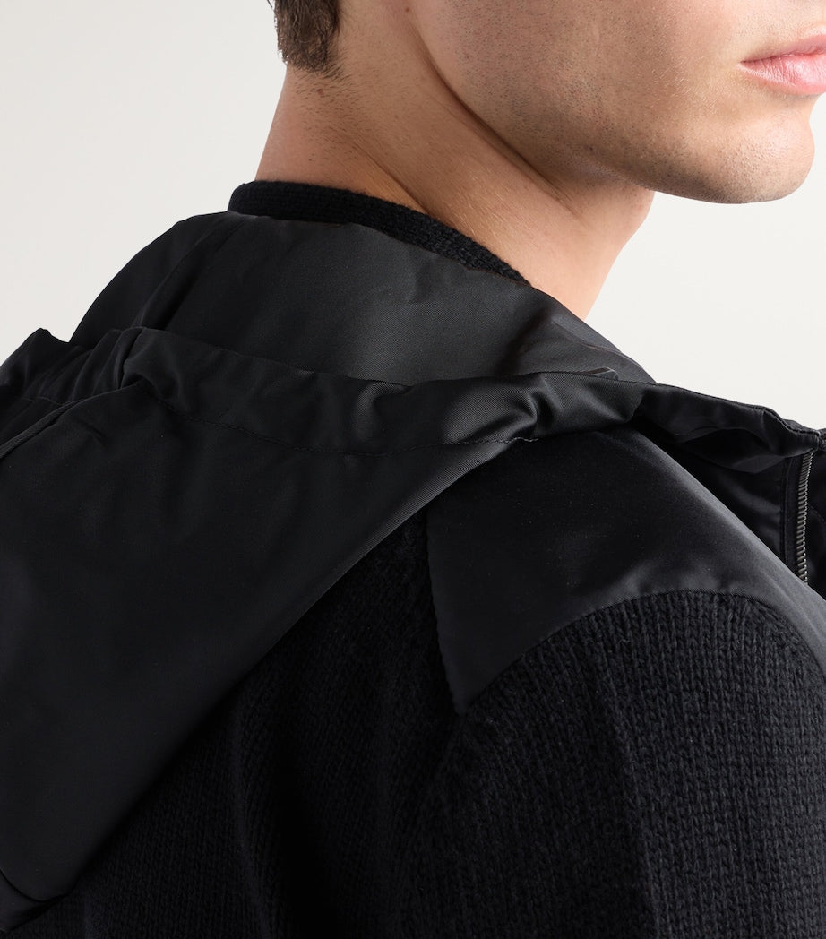 Prada Black Wool-Cashmere-Sleeve Zip-Up Hoodie