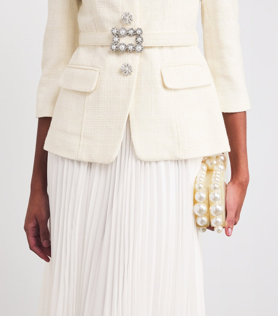 Self-Portrait Ivory Bouclé Long-Sleeve Midi Dress