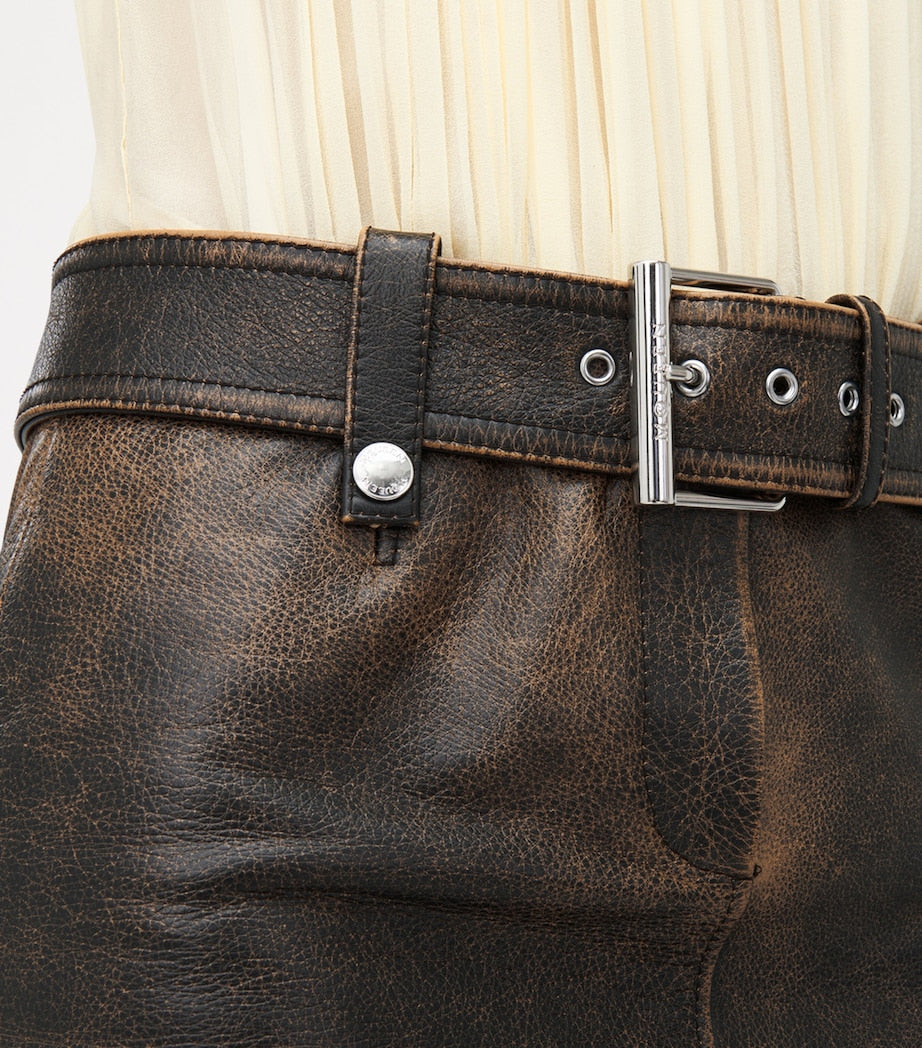 McQueen Brown Leather Belted Mini Skirt