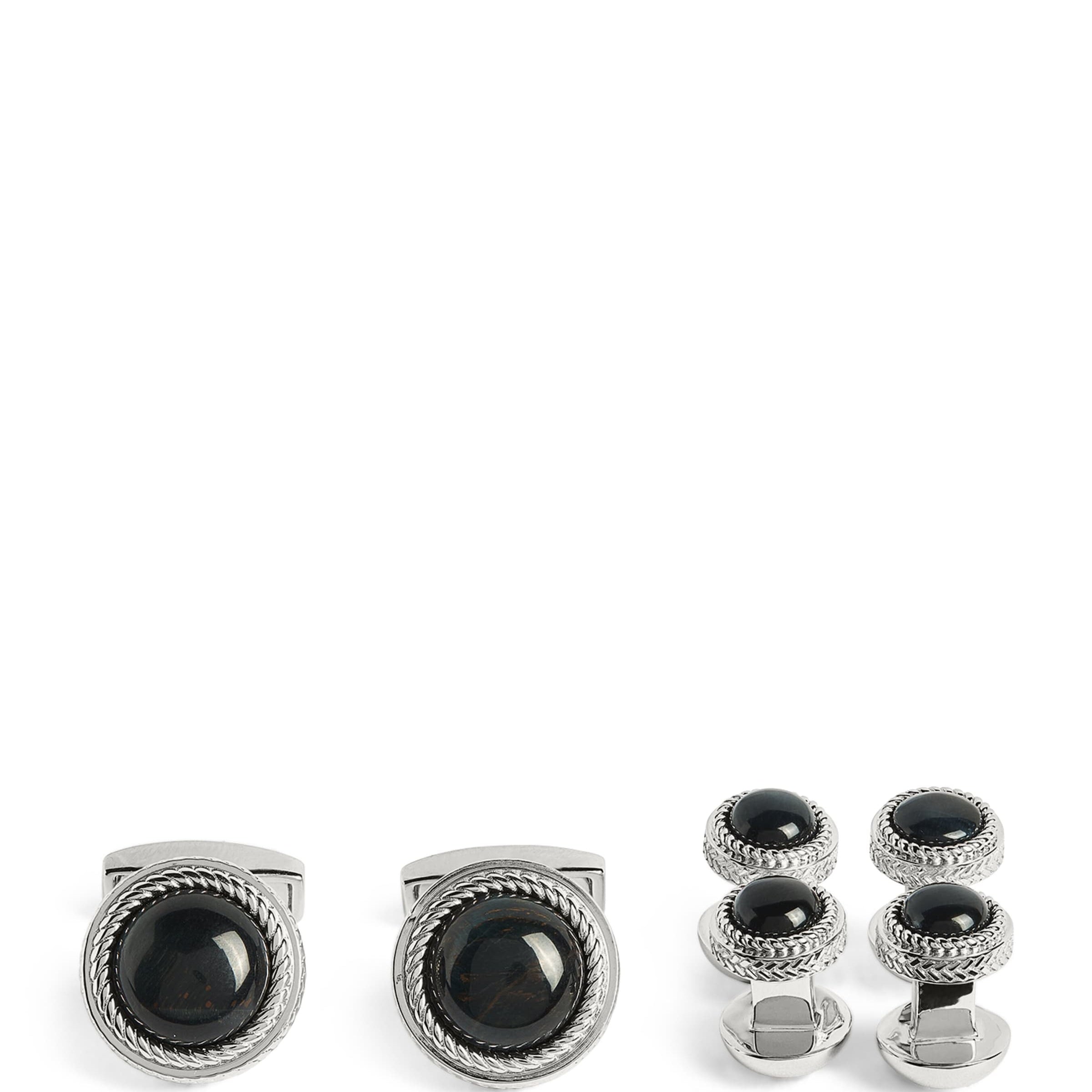 Sterling Silver and Onyx Herringbone Cufflinks and Studs Set