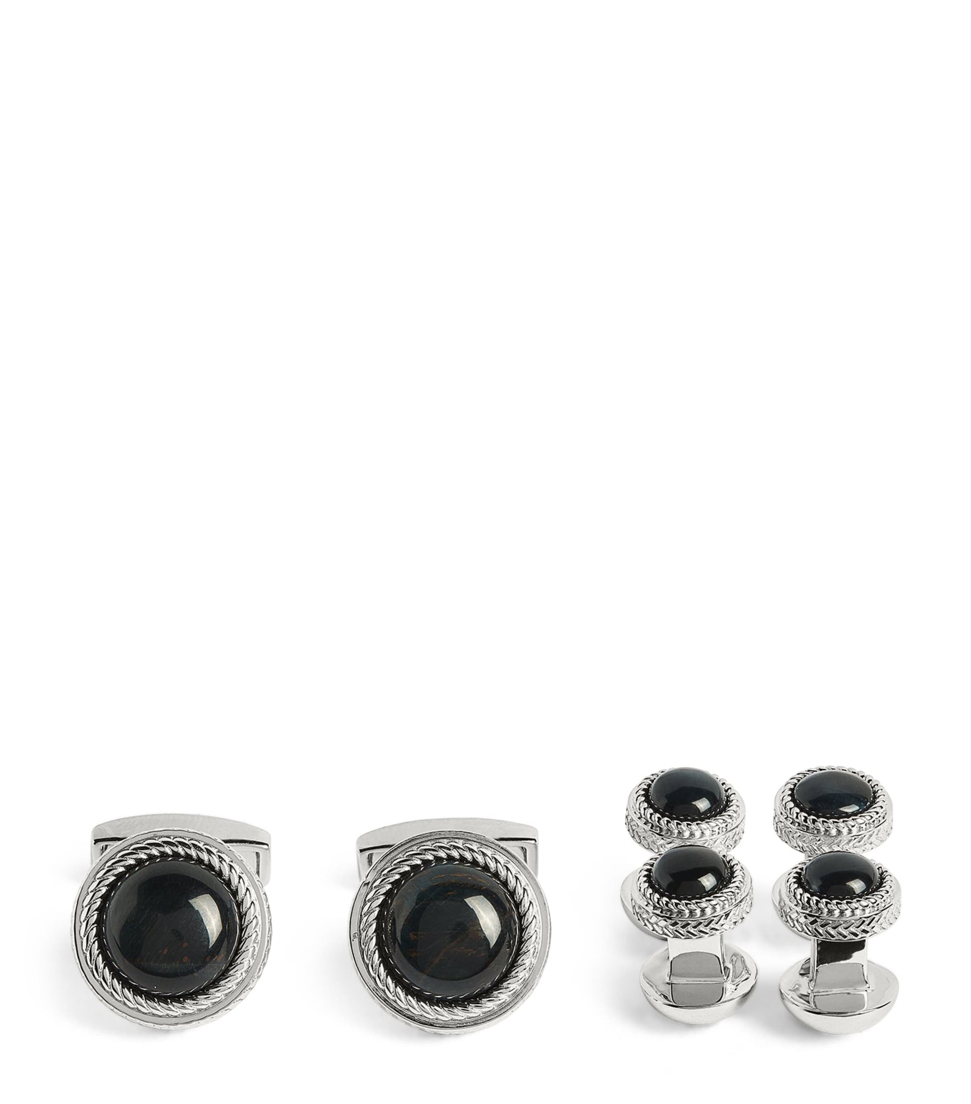 Sterling Silver and Onyx Herringbone Cufflinks and Studs Set