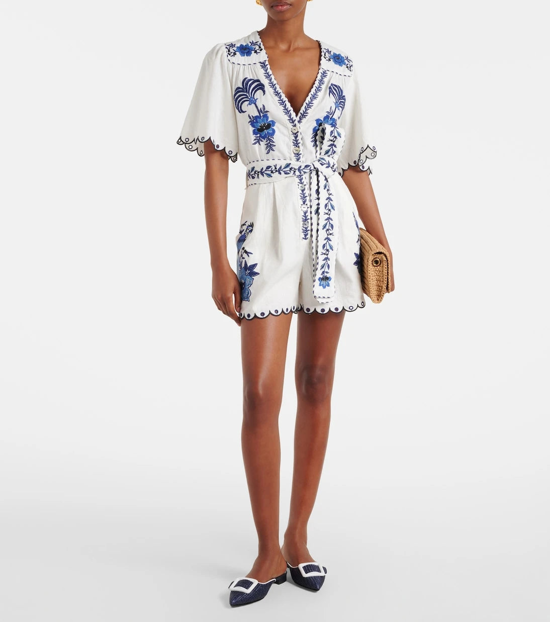 Farm Rio - Embroidered linen-blend romper
