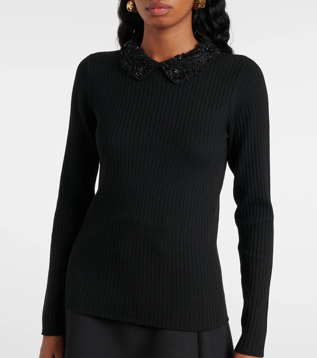 Carolina Herrera - Embellished ribbed-knit wool top