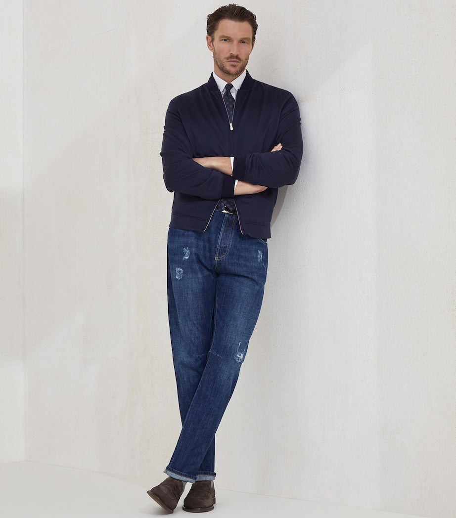 Brunello Cucinelli Blue Cashmere Flannel Bomber Jacket