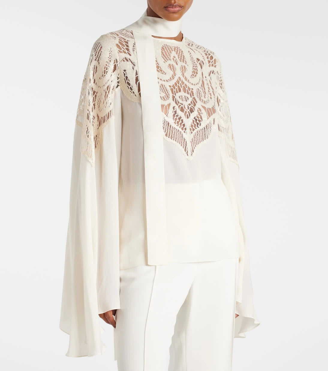 Elie Saab - Lace-trimmed tie-neck georgette blouse