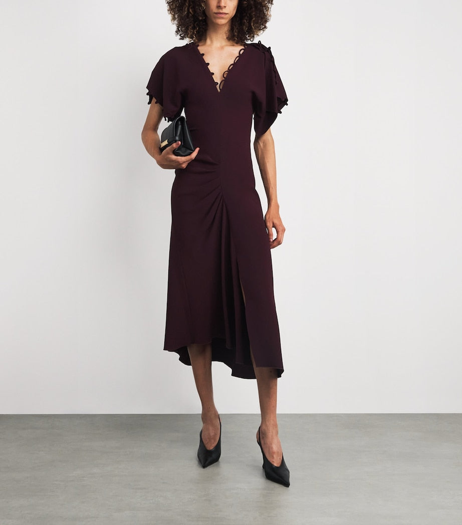 Victoria Beckham Burgundy Satin Rouleaux Midi Dress