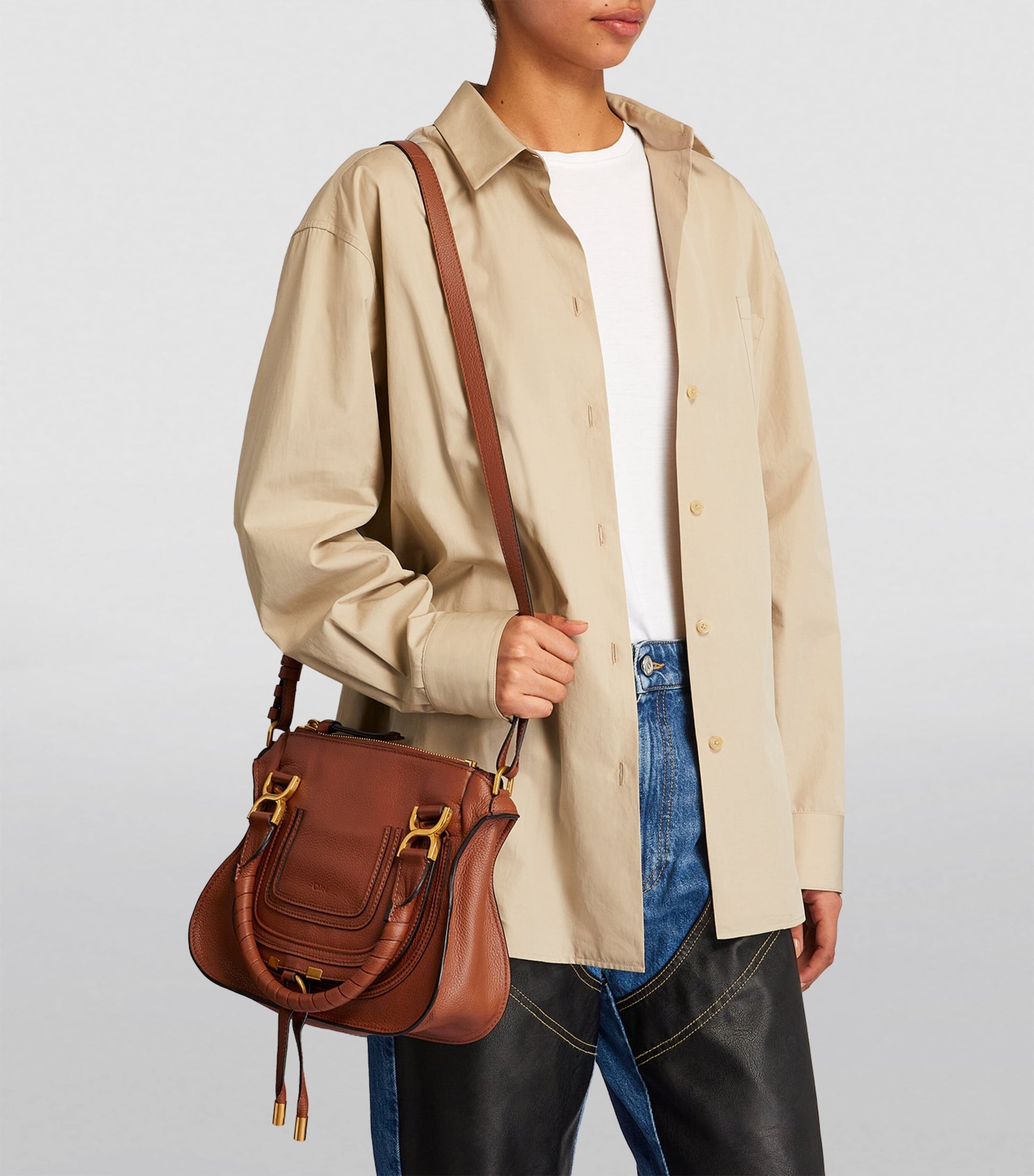 Brown Small Leather Marcie Top-Handle Bag