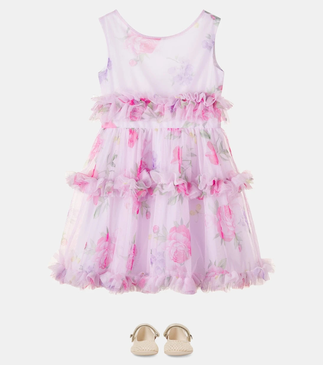Monnalisa - Floral ruffled tulle dress