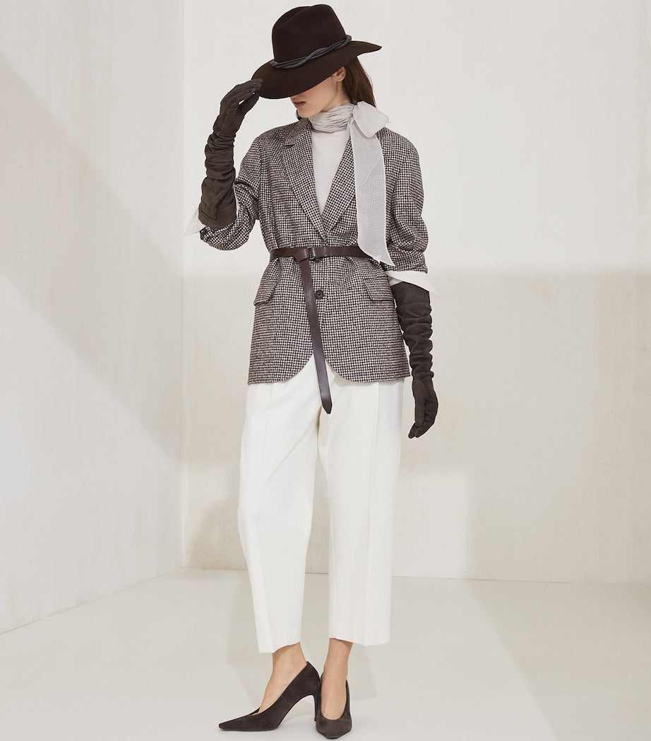 Brunello Cucinelli Brown Wool-Alpaca Houndstooth Belted Blazer