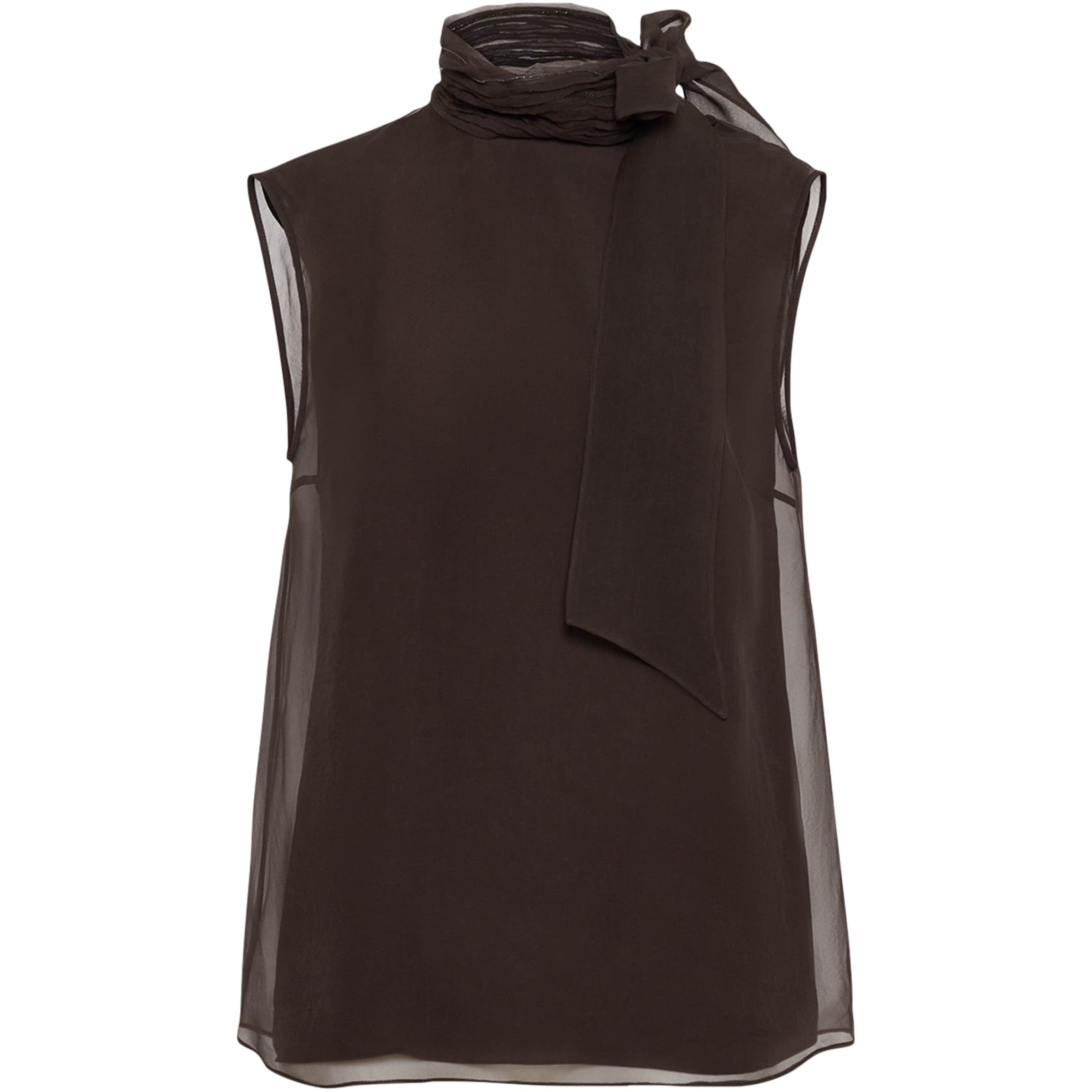 Brunello Cucinelli Brown Silk Pussybow Sleeveless Top