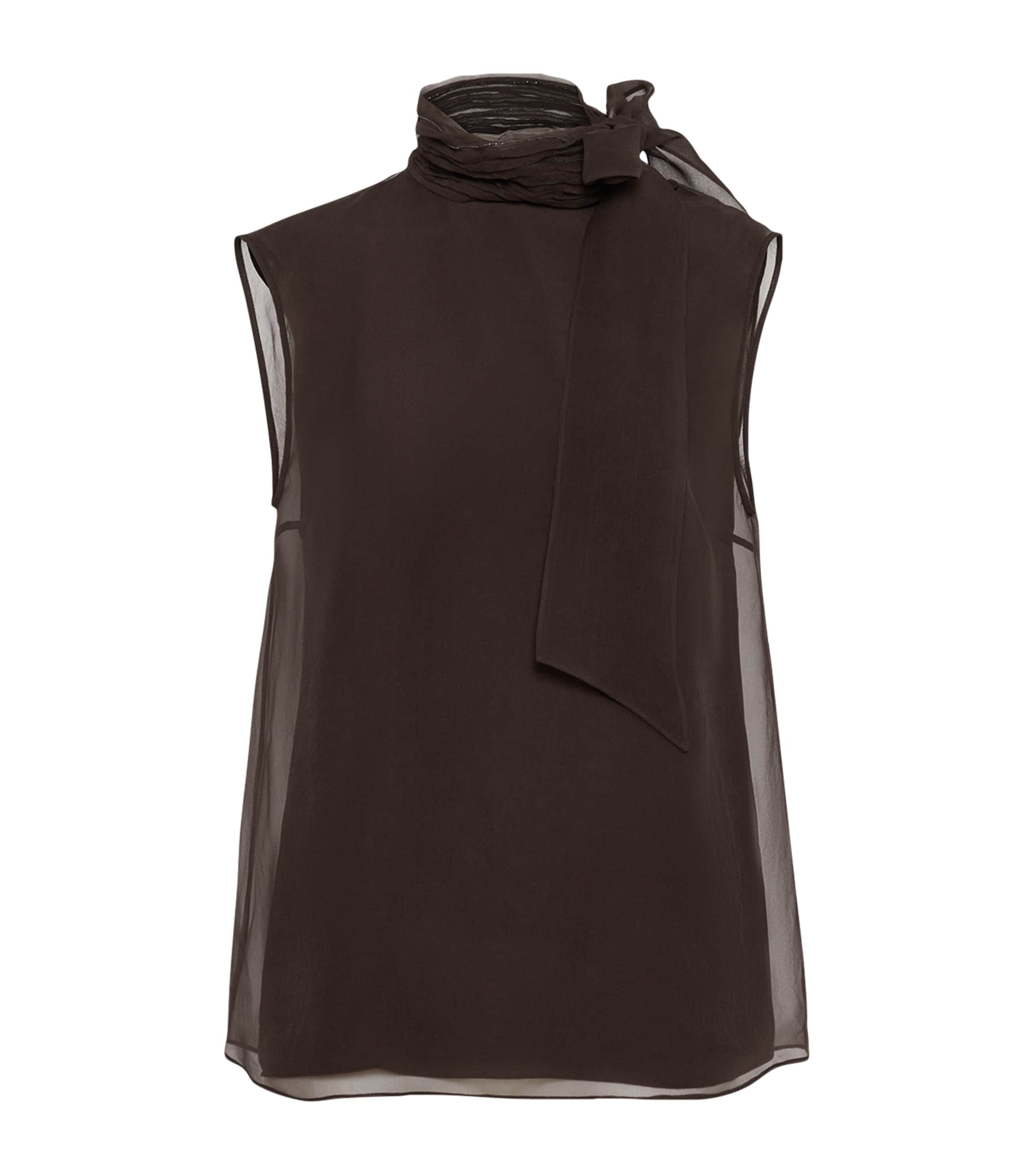 Brunello Cucinelli Brown Silk Pussybow Sleeveless Top