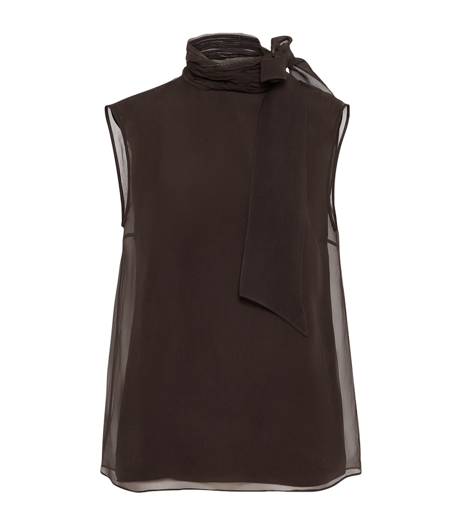 Brunello Cucinelli Brown Silk Pussybow Sleeveless Top