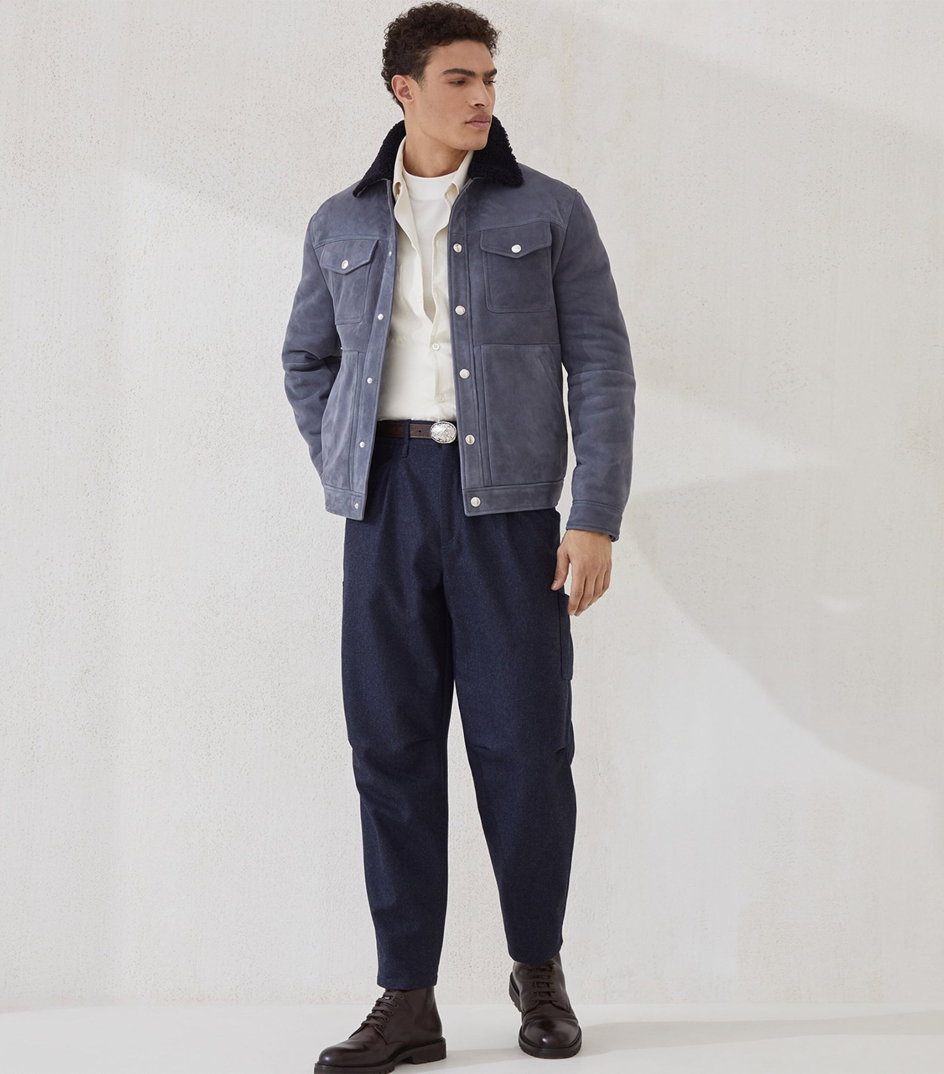 Brunello Cucinelli Blue Suede-Shearling Four-Pocket Jacket