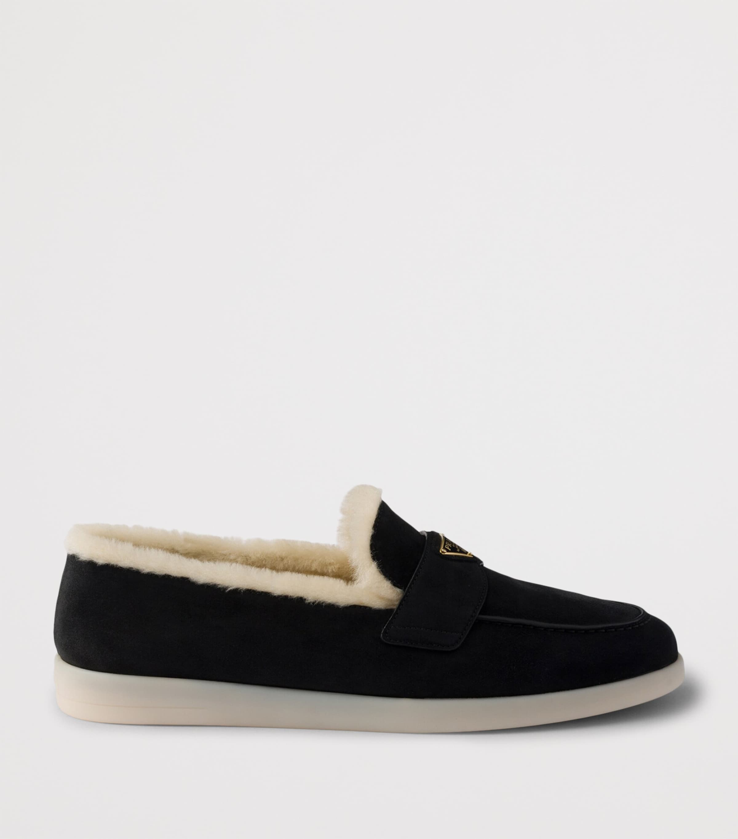 Prada Shearling-Suede Logo Loafers