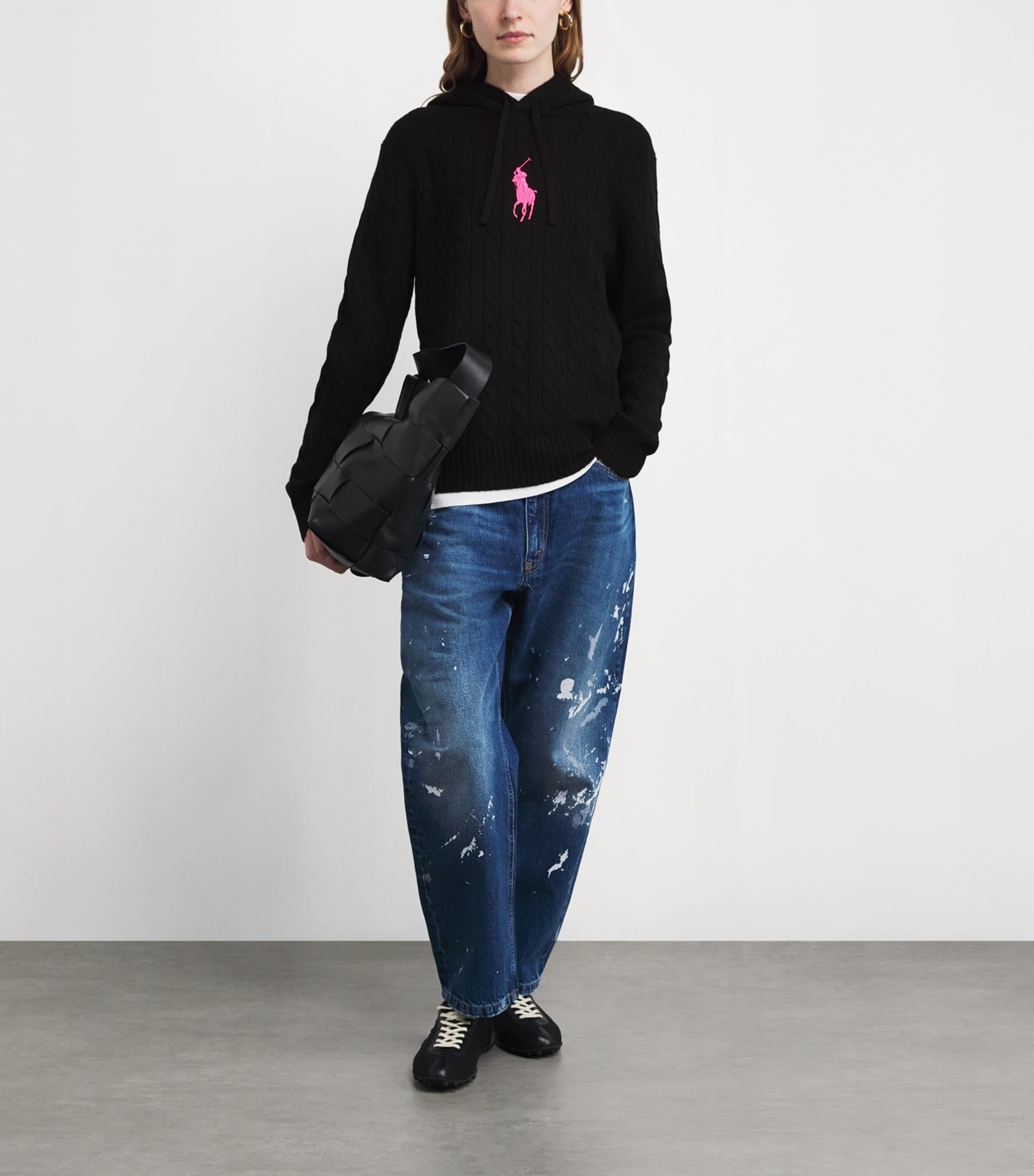 Black Wool-Cashmere Cable-Knit Pink Pony Hoodie