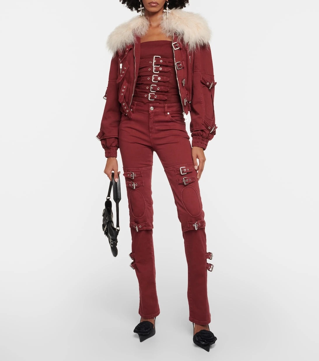Blumarine - Cropped shearling-trimmed denim jacket