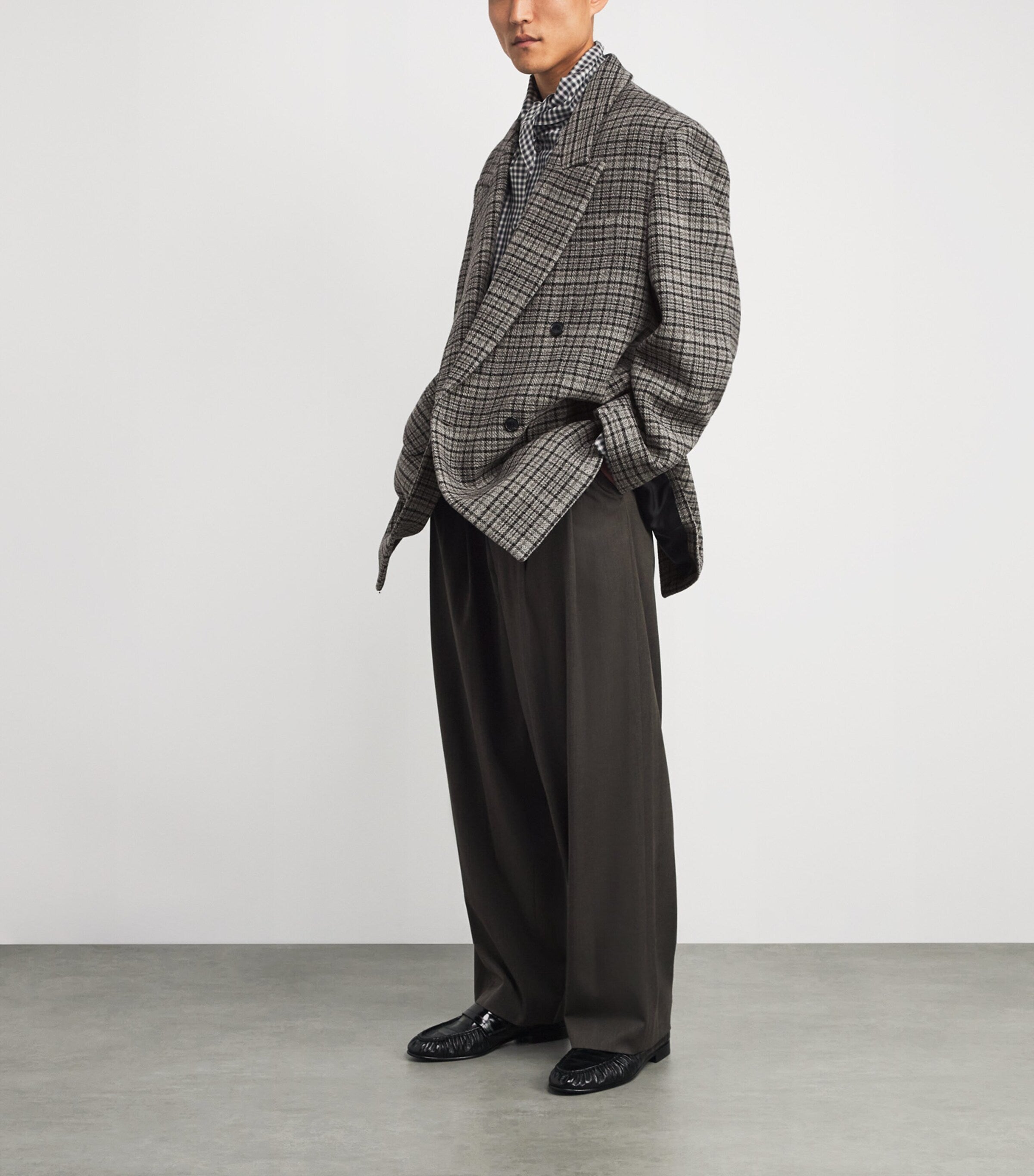 System Grey Oversized Check Double-Breasted Blazer