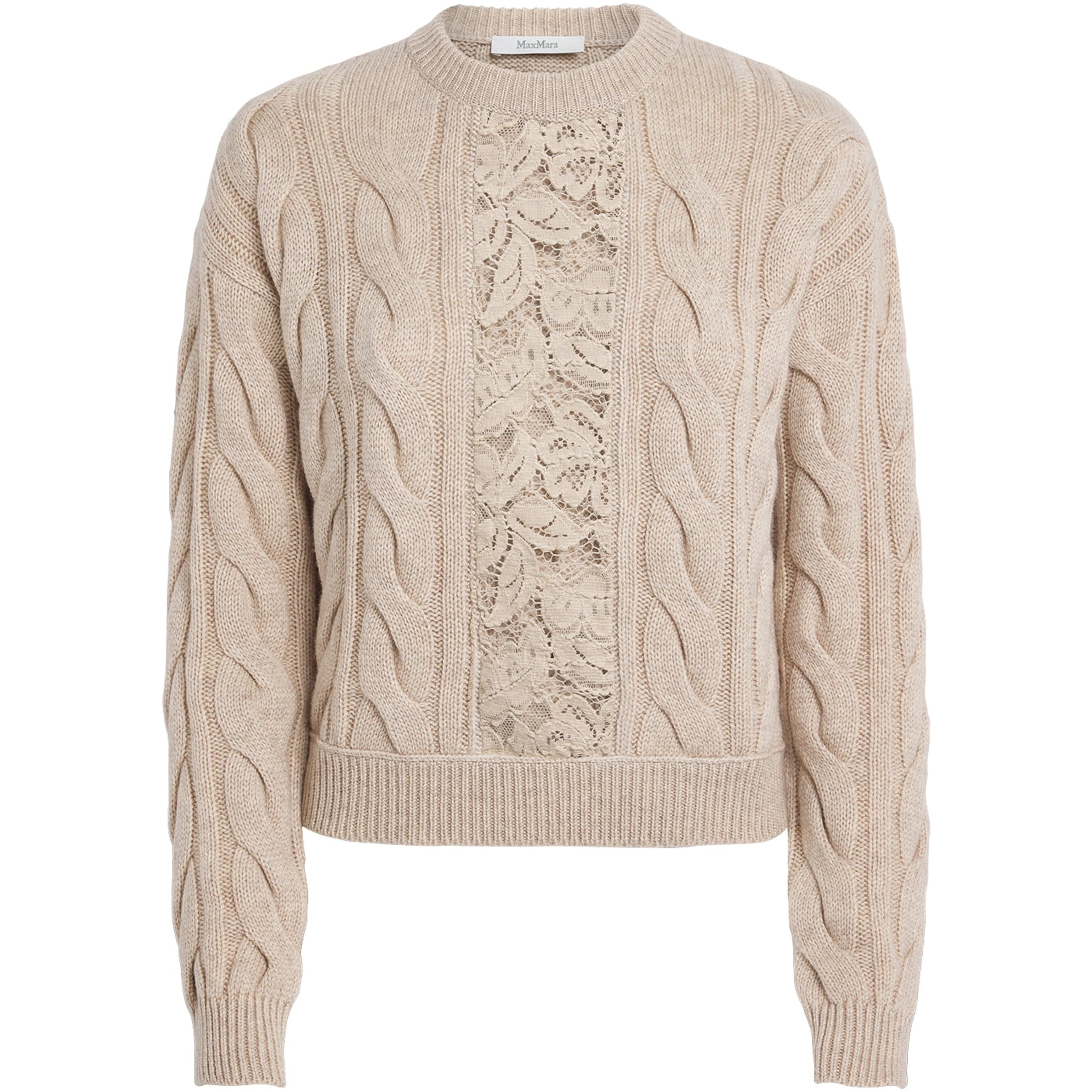 Max Mara Beige Wool-Cashmere Cable-Knit Lace Sweater