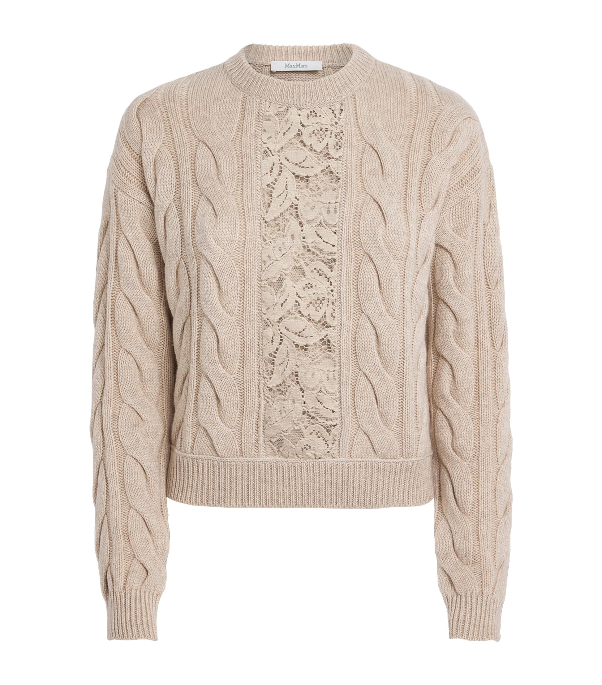Max Mara Beige Wool-Cashmere Cable-Knit Lace Sweater
