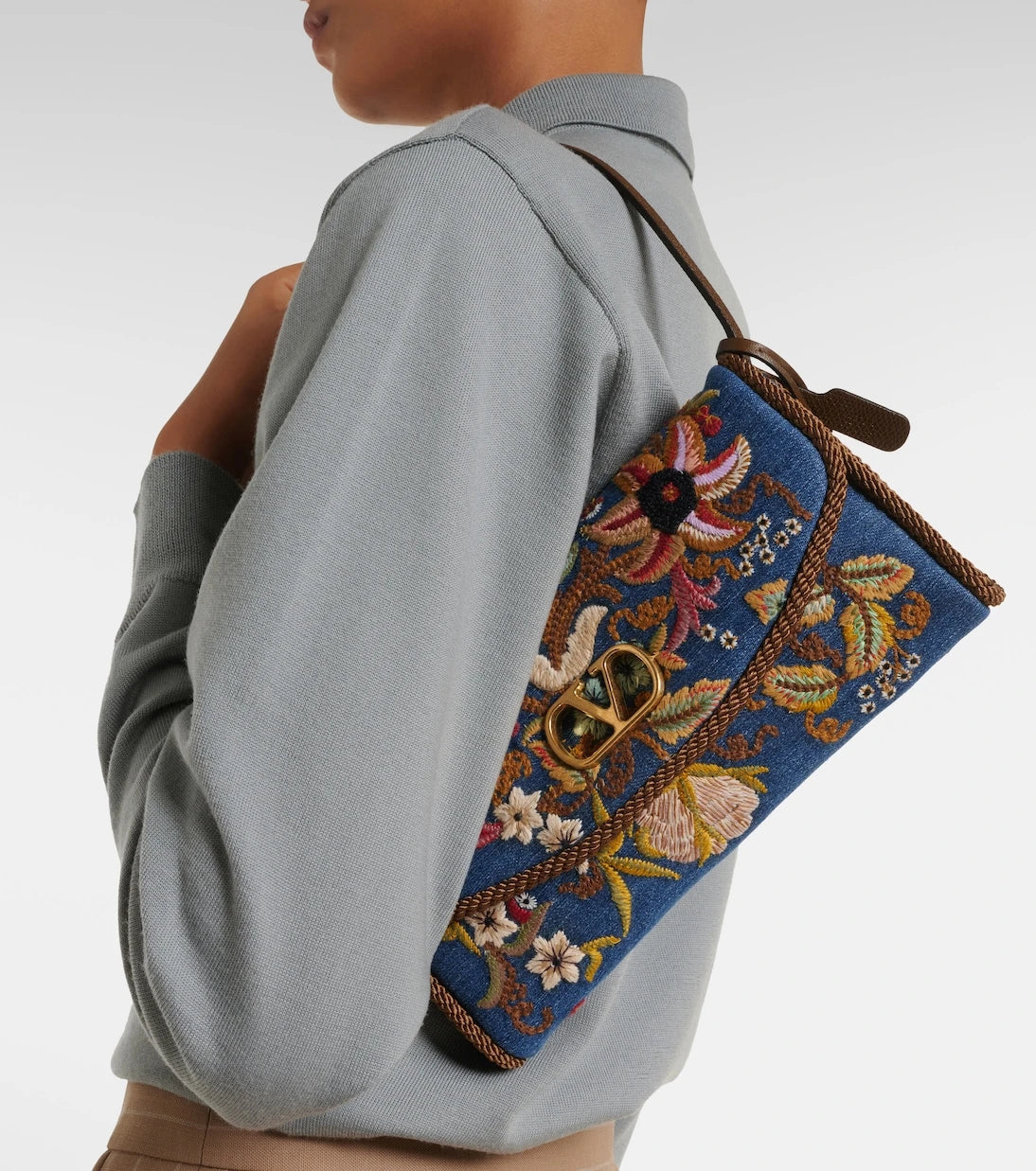 Valentino Garavani - DeVain Small embroidered denim shoulder bag