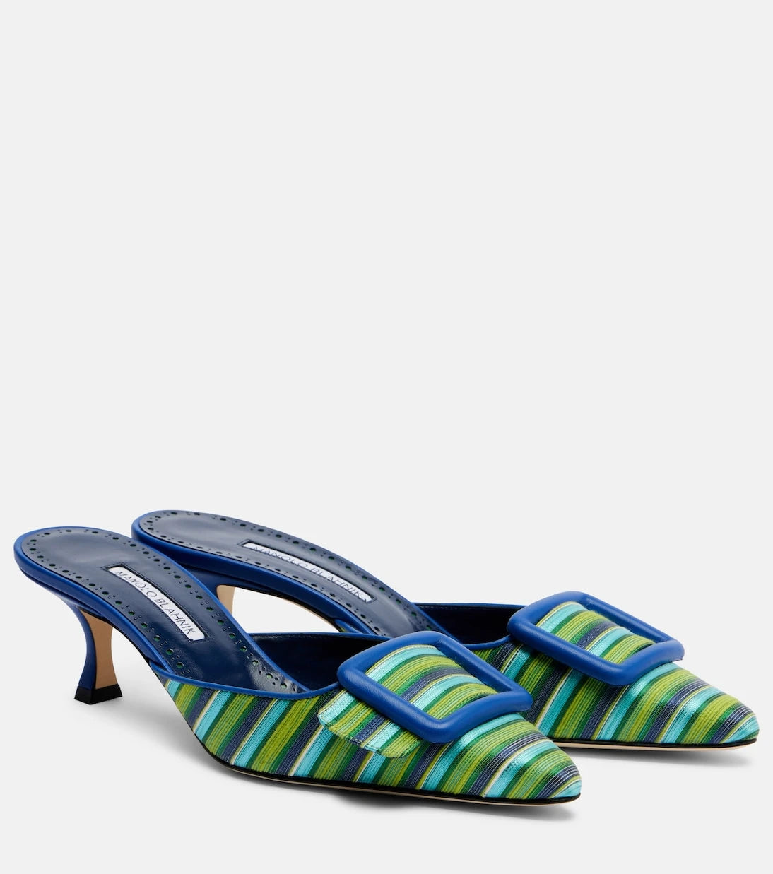 Manolo Blahnik - Maysalebi striped leather-trimmed mules