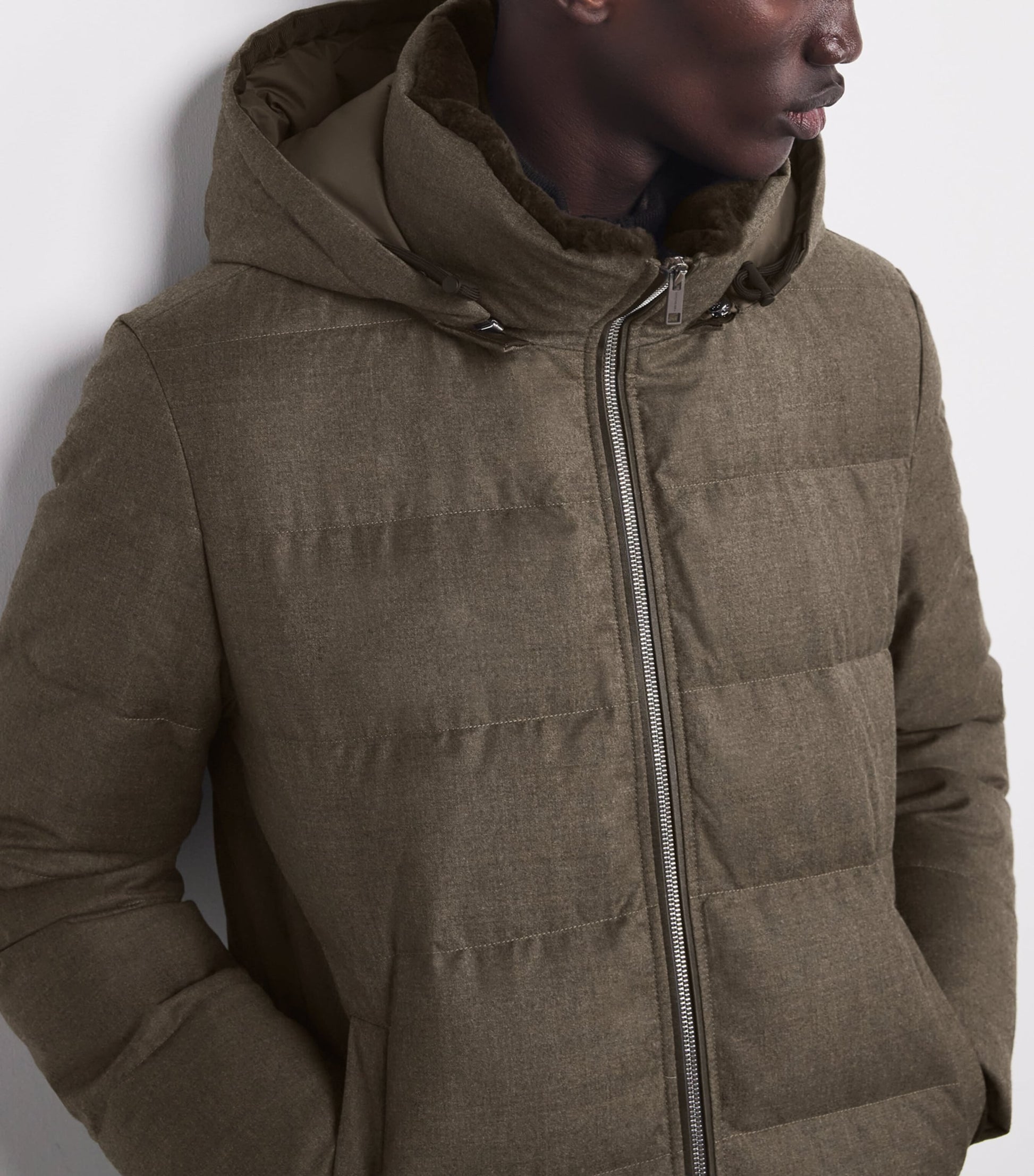 Brown Wool-Silk Green Storm System Mink-Trim Puffer Jacket