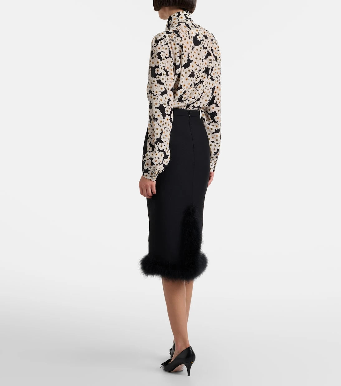 Valentino - Crepe Couture feather-trimmed midi skirt