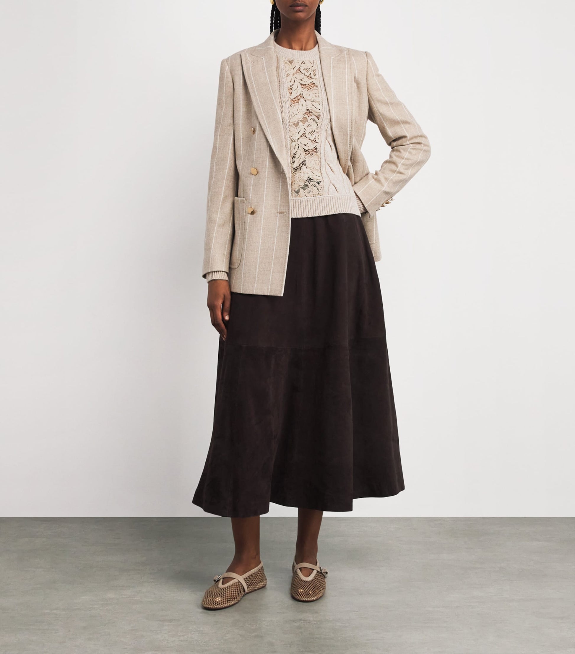 Max Mara Beige Wool-Cashmere Cable-Knit Lace Sweater