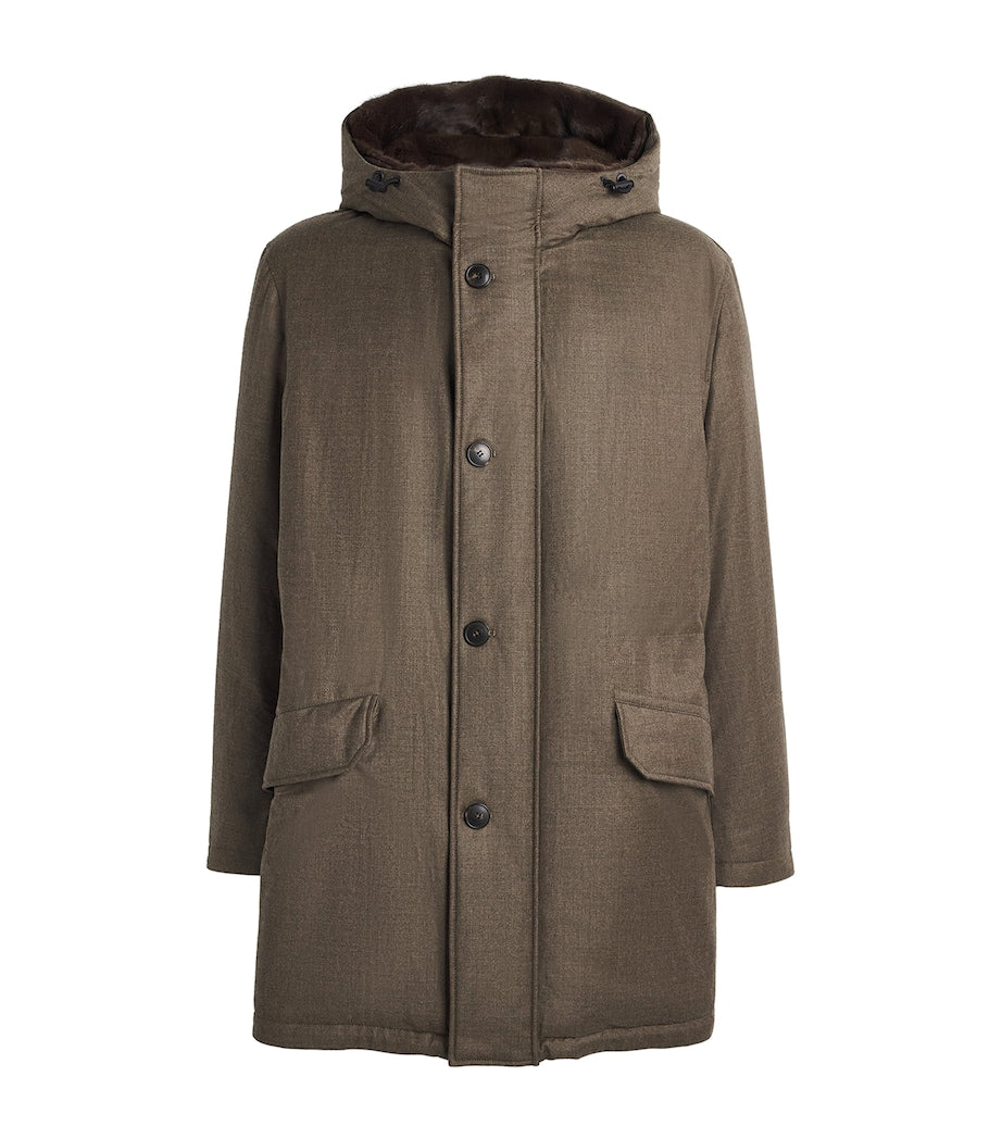Yves Salomon Brown Wool-Silk Down Mink-Trim Parka