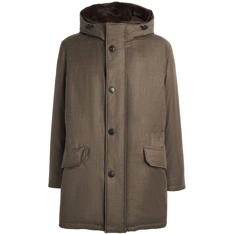 Yves Salomon Brown Wool-Silk Down Mink-Trim Parka
