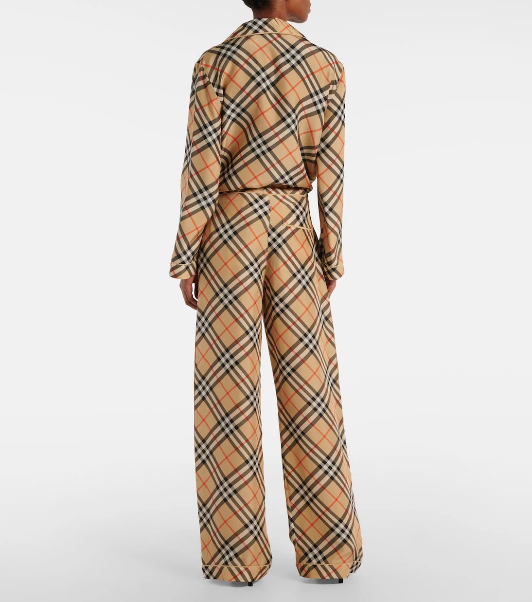 Burberry - بنطال بربري كاروهات واسع الساقين من الحرير