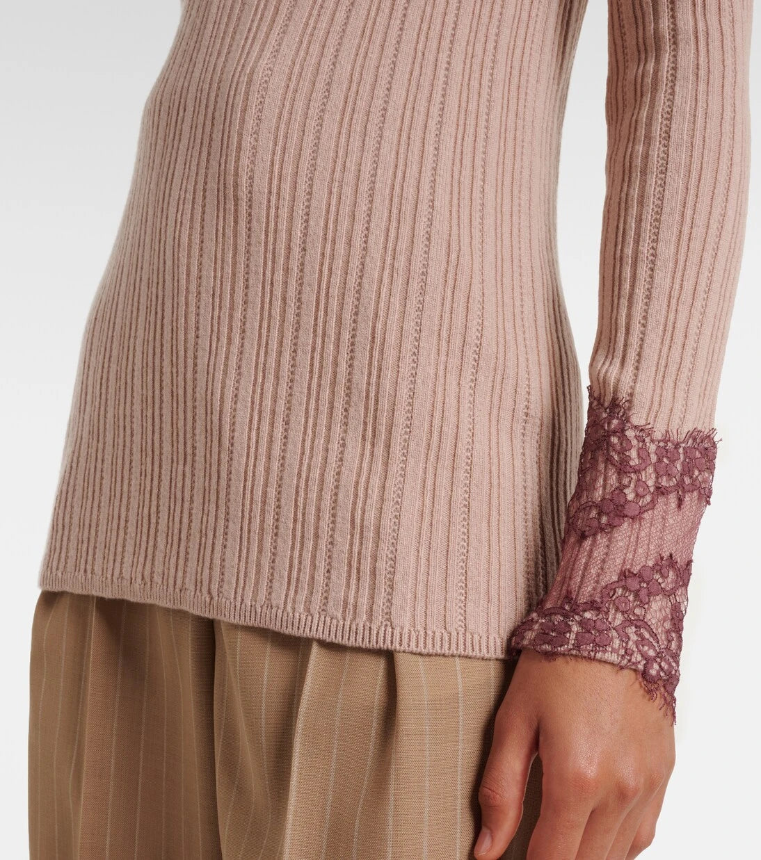 Valentino - Gathered lace-trimmed cashmere sweater