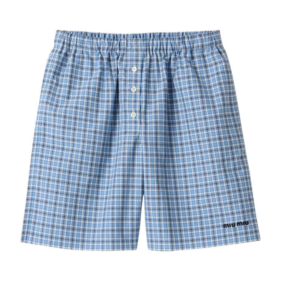Turquoise Cotton Poplin Check Shorts