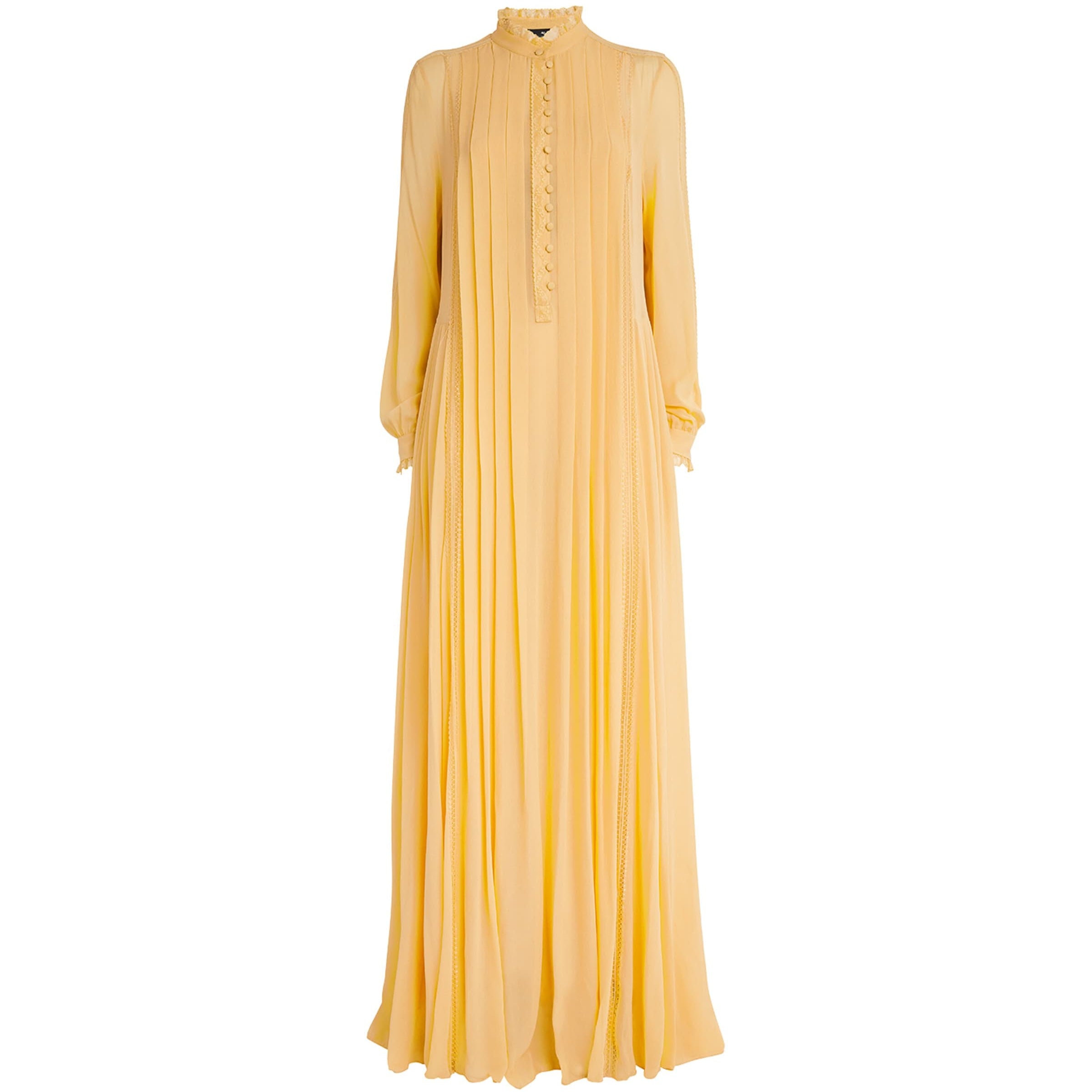 Yellow Silk High-Neck Pleated Gown