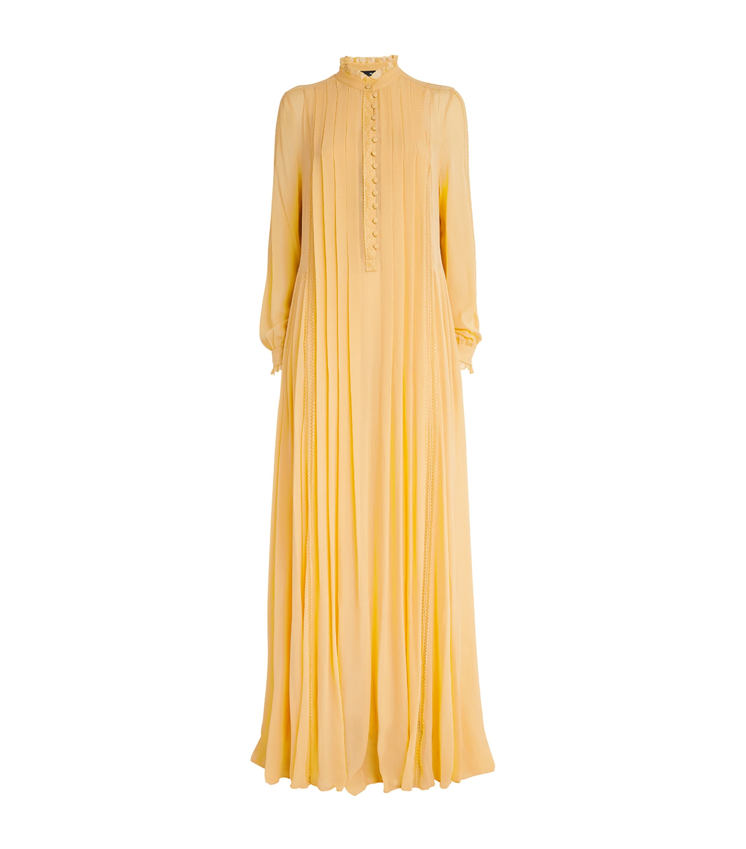 Yellow Silk High-Neck Pleated Gown
