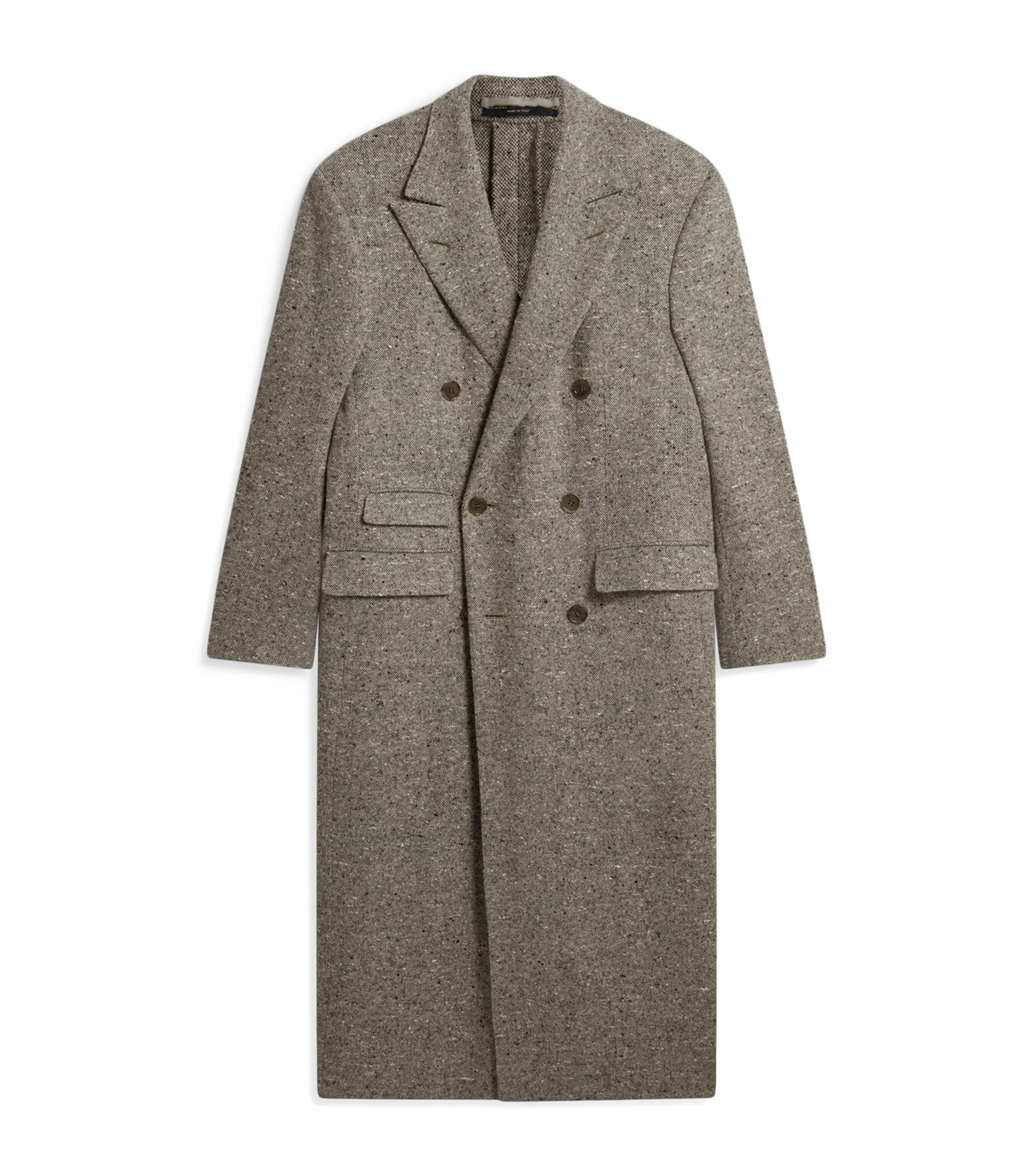Grey Cashmere Donegal Tweed Double-Breasted Overcoat