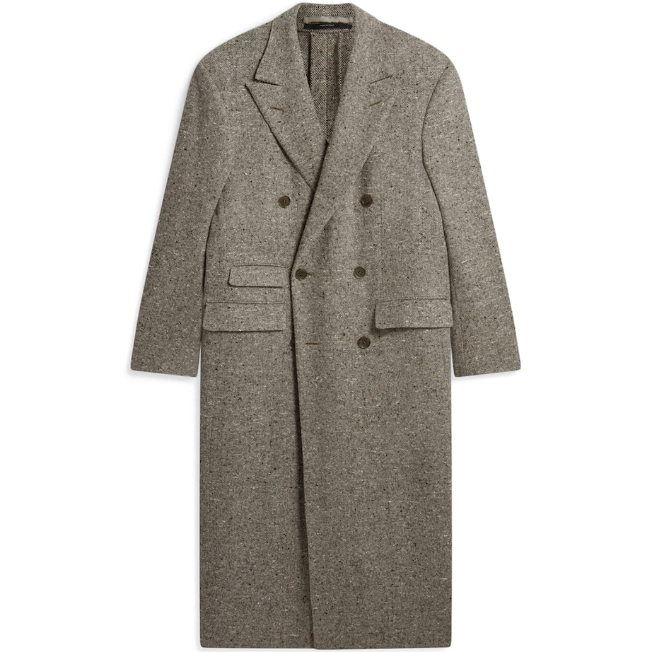 Grey Cashmere Donegal Tweed Double-Breasted Overcoat