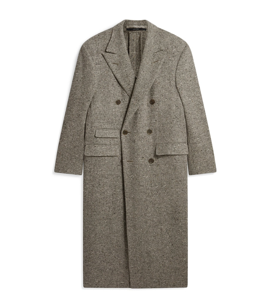 Grey Cashmere Donegal Tweed Double-Breasted Overcoat
