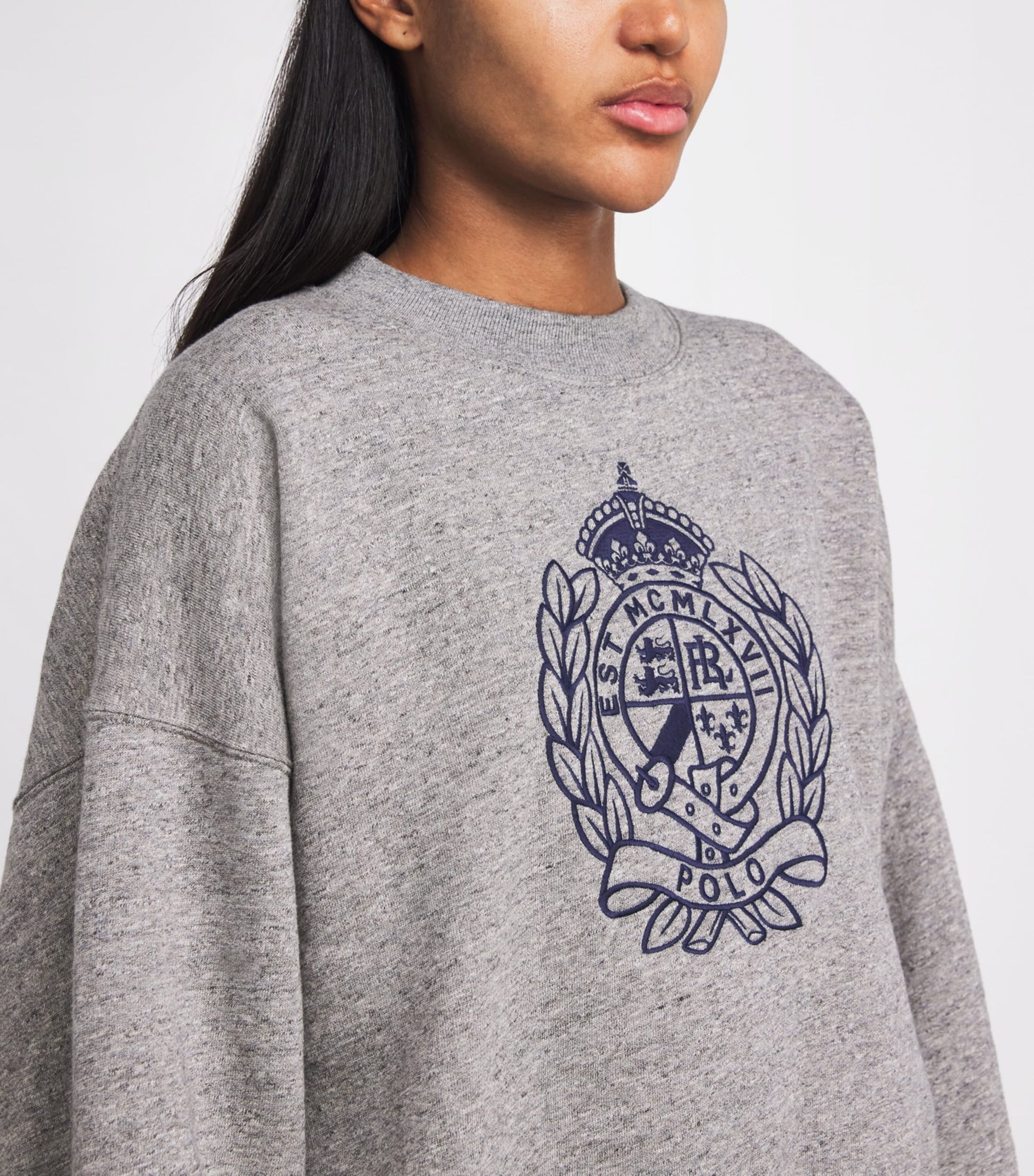 Grey Fleece Crest-Embroidered Sweatshirt