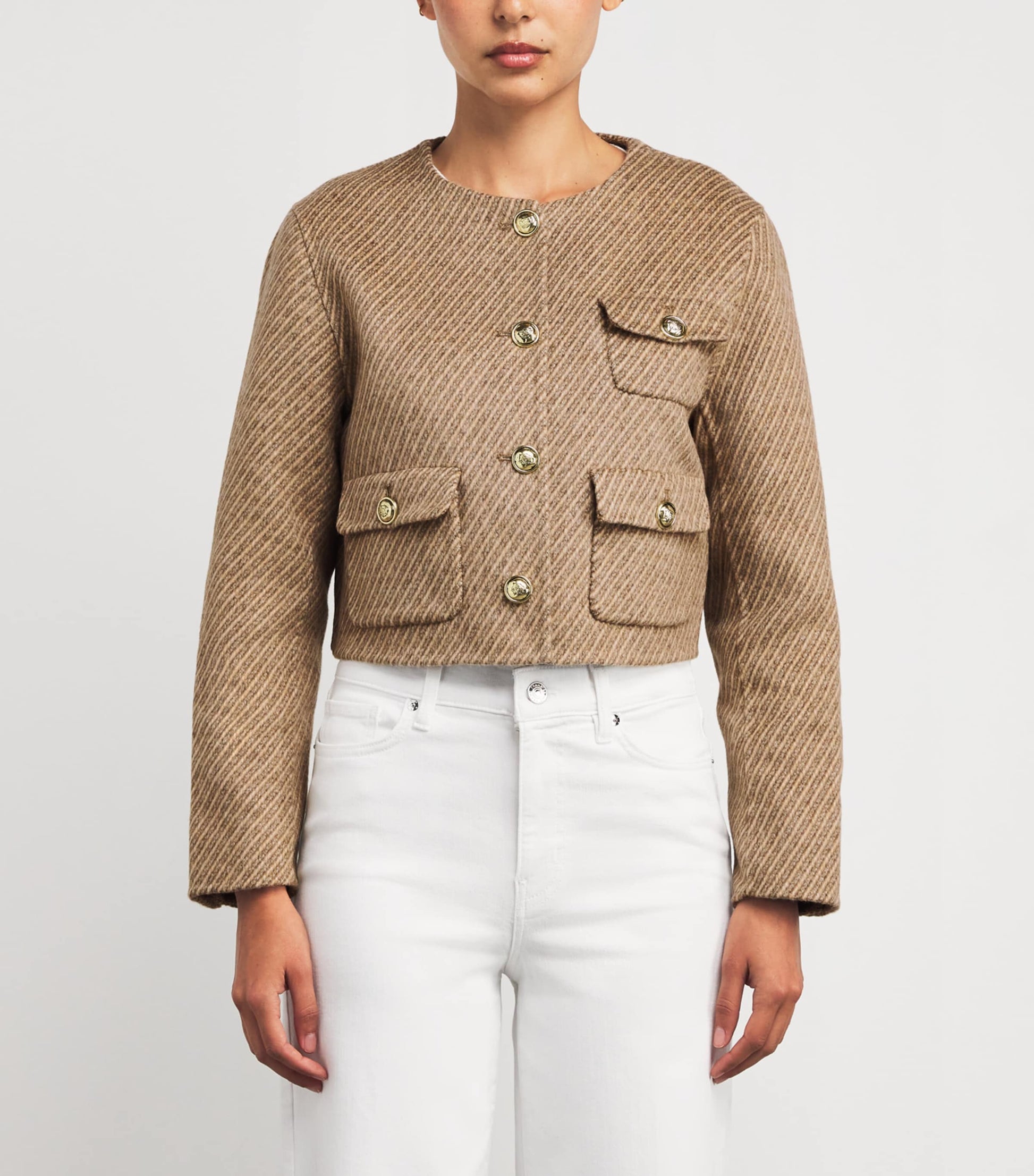 Sandro Paris Beige Wool-Blend Stripe Cropped Jacket