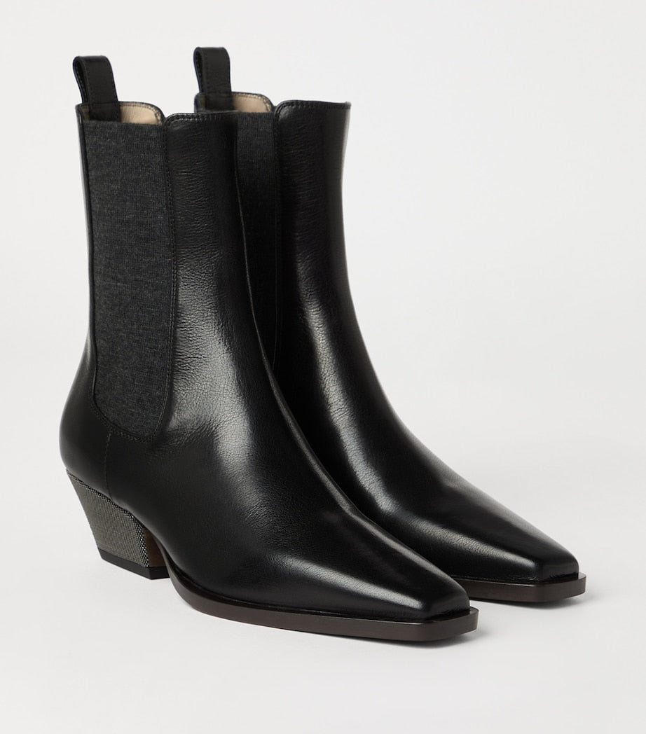 Brunello Cucinelli Black Leather Chelsea Heeled Boots 50