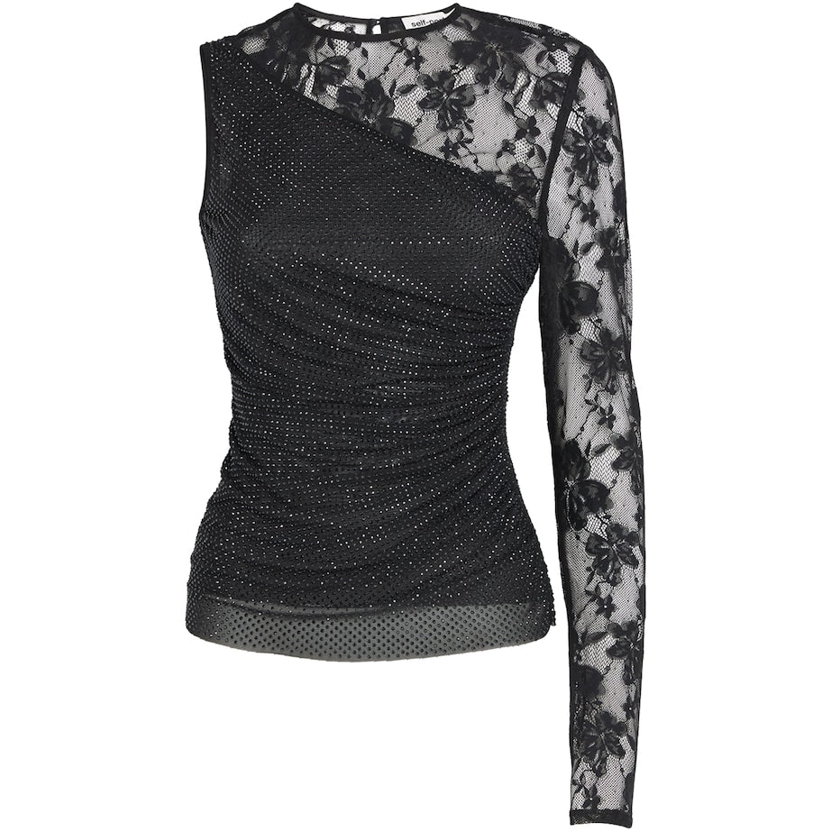 Self-Portrait Black Rhinestone-Lace One-Shoulder Top