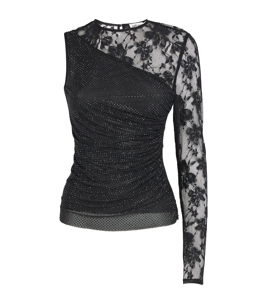 Self-Portrait Black Rhinestone-Lace One-Shoulder Top