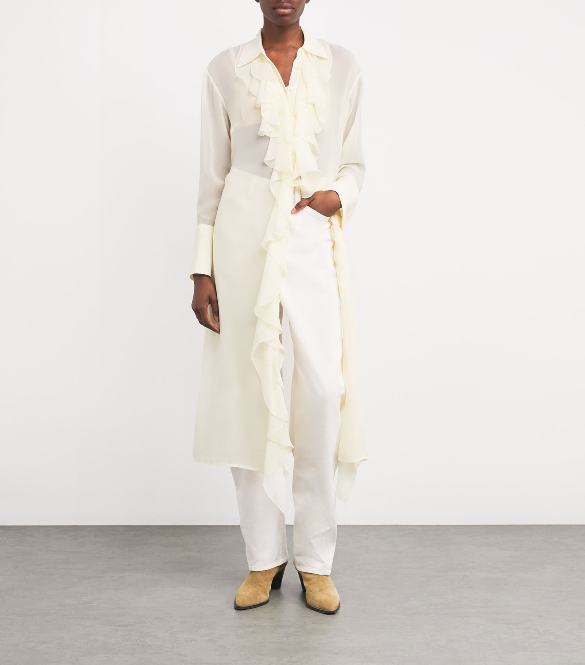 White Silk Ruffle Midi Dress