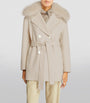 Yves Salomon Beige Wool-Cashmere Fur-Trim Pea Coat