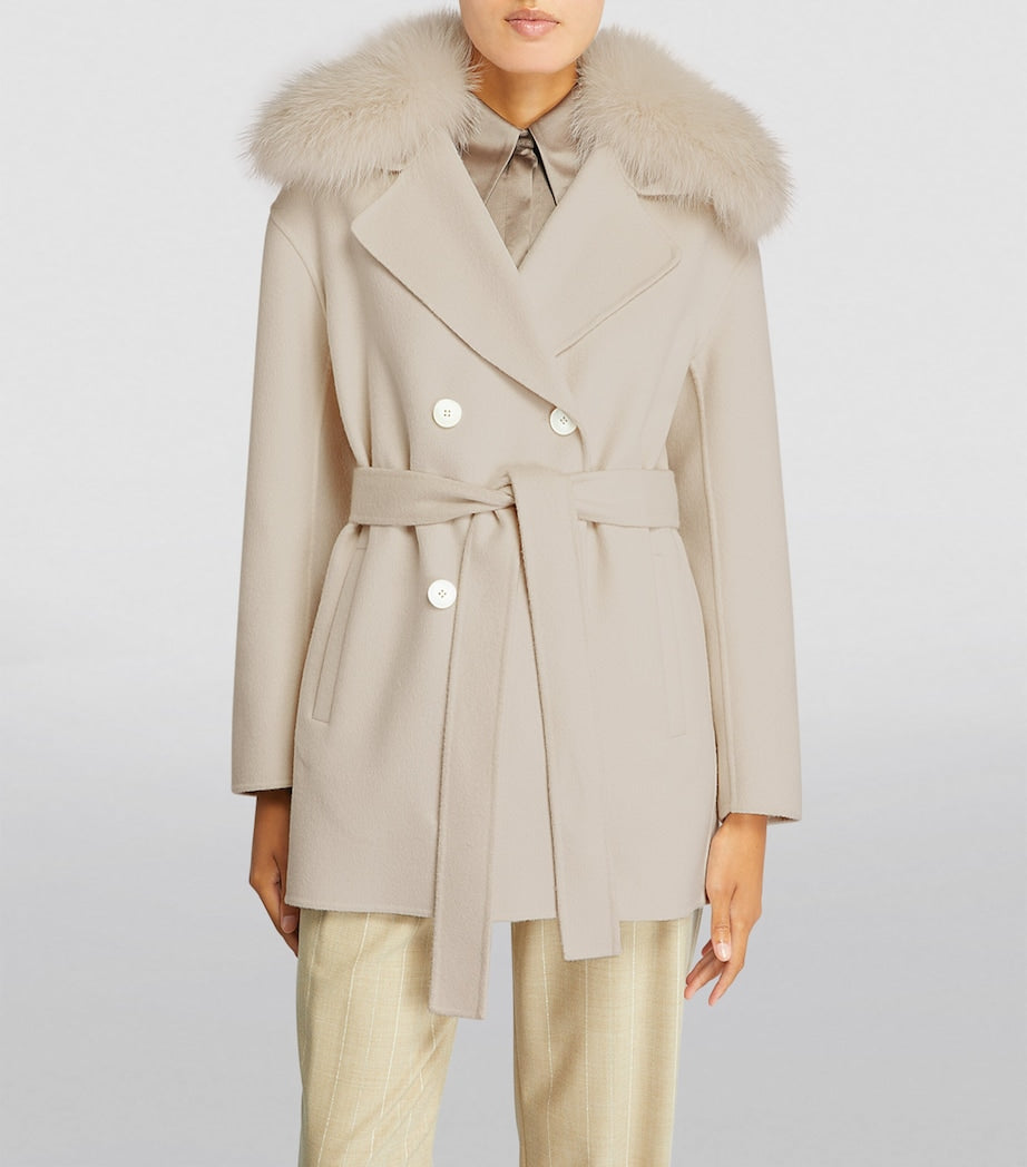Yves Salomon Beige Wool-Cashmere Fur-Trim Pea Coat